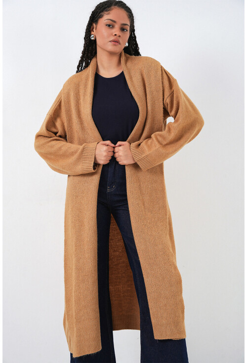 Kadın Yün Dokulu Katlama Yaka Uzun Triko Hırka 15924