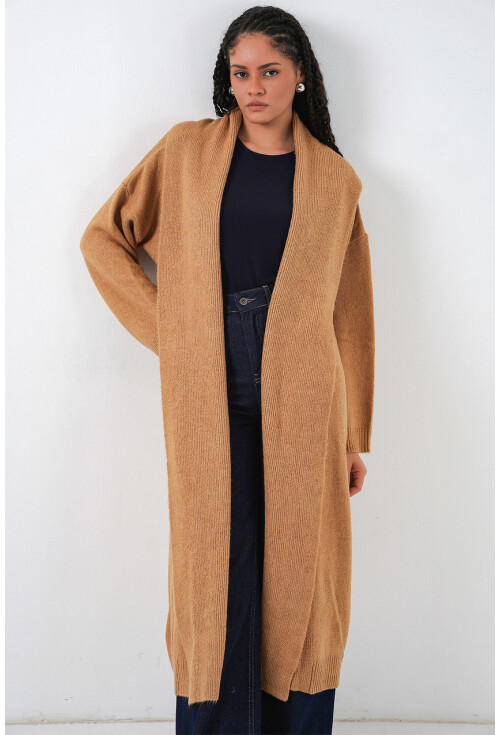 Kadın Yün Dokulu Katlama Yaka Uzun Triko Hırka 15924