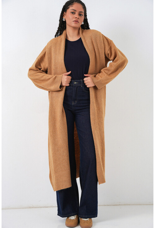 Kadın Yün Dokulu Katlama Yaka Uzun Triko Hırka 15924