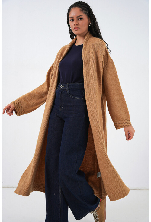 Kadın Yün Dokulu Katlama Yaka Uzun Triko Hırka 15924