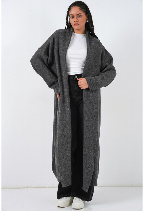 Kadın Yün Dokulu Katlama Yaka Uzun Triko Hırka 15924