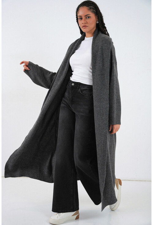 Kadın Yün Dokulu Katlama Yaka Uzun Triko Hırka 15924