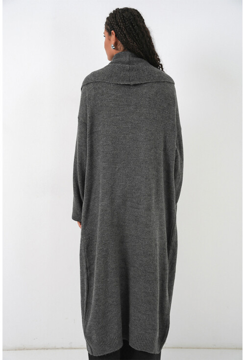 Kadın Yün Dokulu Katlama Yaka Uzun Triko Hırka 15924