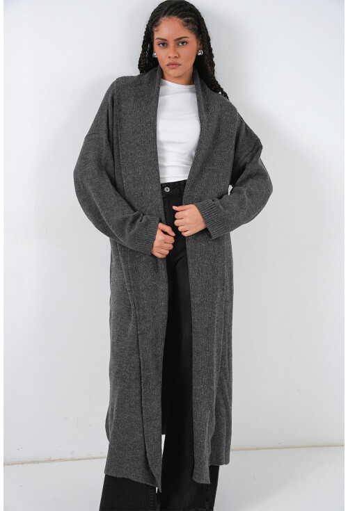 Kadın Yün Dokulu Katlama Yaka Uzun Triko Hırka 15924