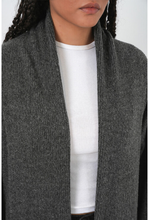 Kadın Yün Dokulu Katlama Yaka Uzun Triko Hırka 15924