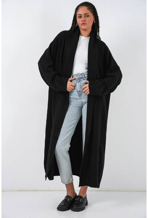 Kadın Yün Dokulu Katlama Yaka Uzun Triko Hırka 15924