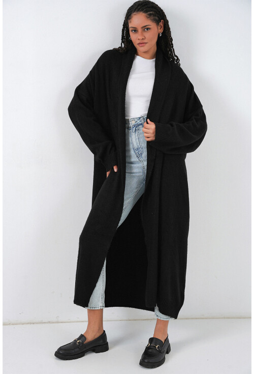 Kadın Yün Dokulu Katlama Yaka Uzun Triko Hırka 15924