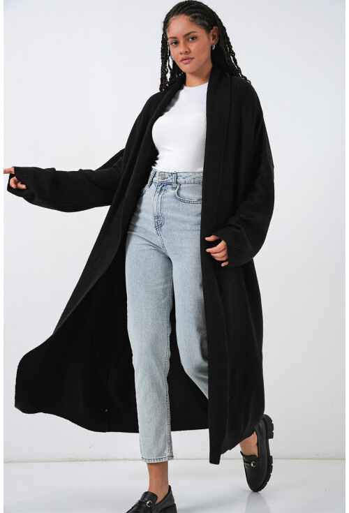 Kadın Yün Dokulu Katlama Yaka Uzun Triko Hırka 15924