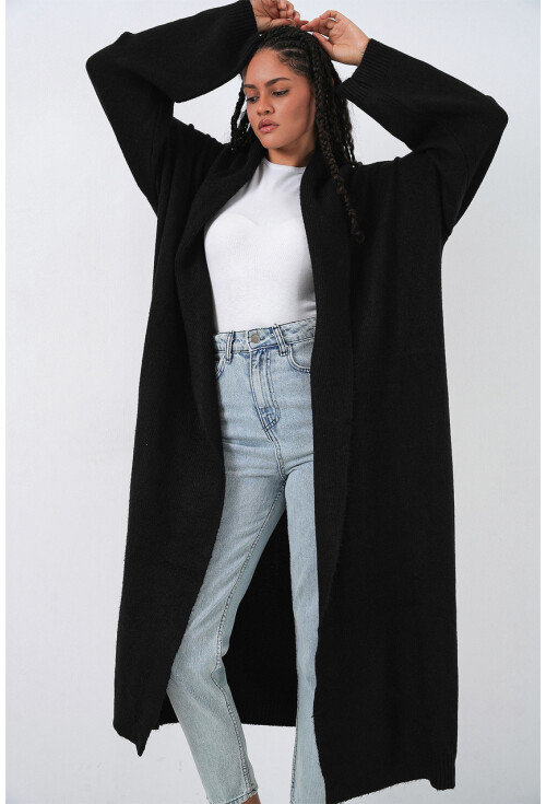 Kadın Yün Dokulu Katlama Yaka Uzun Triko Hırka 15924