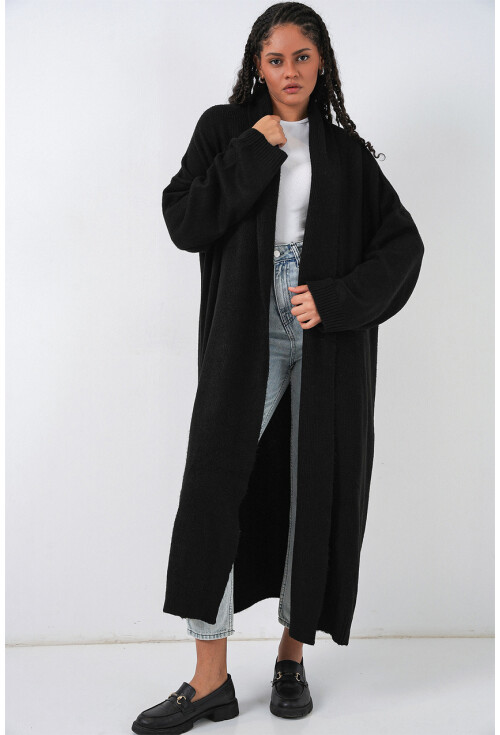 Kadın Yün Dokulu Katlama Yaka Uzun Triko Hırka 15924