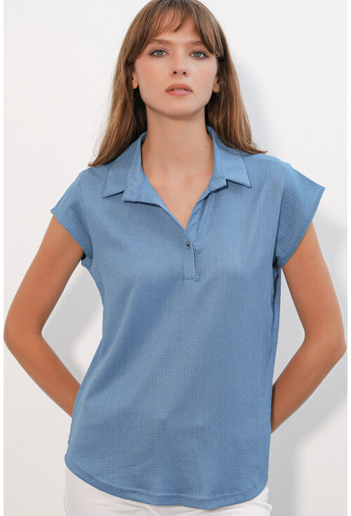 20123 Polo Yaka Örme Bluz