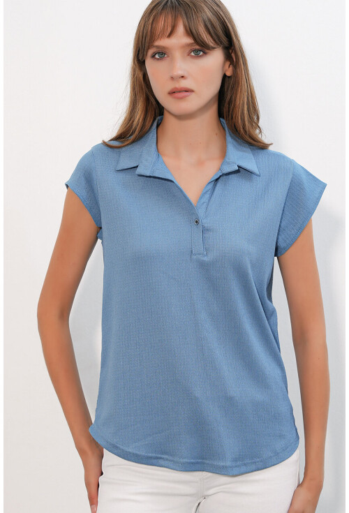 20123 Polo Yaka Örme Bluz