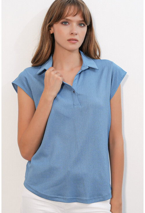 20123 Polo Yaka Örme Bluz