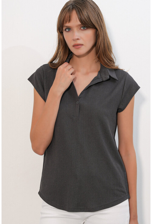 20123 Polo Yaka Örme Bluz
