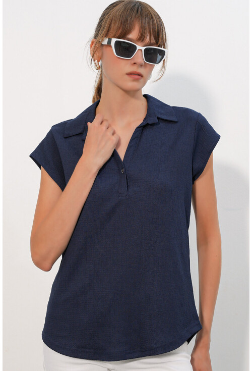 20123 Polo Yaka Örme Bluz