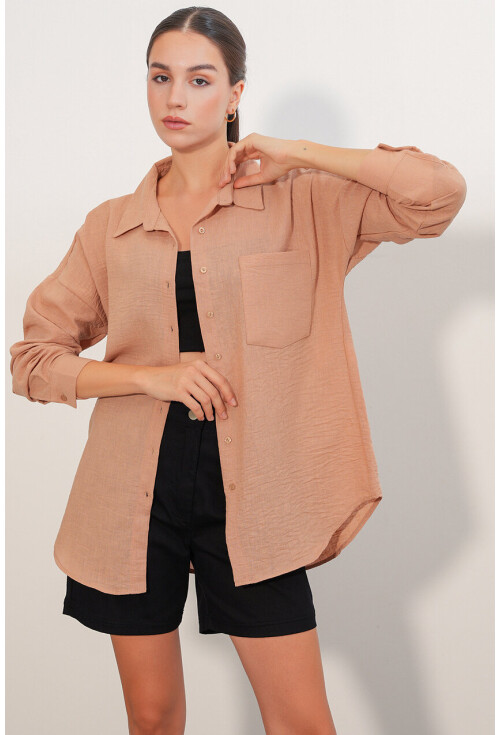 20153 Oversized Linen Shirt With Single Pocket