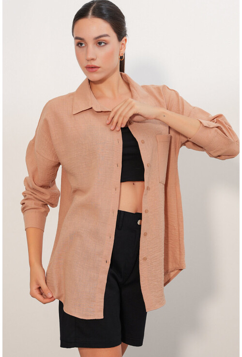 20153 Oversized Linen Shirt With Single Pocket