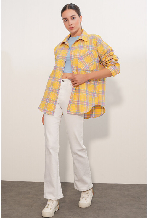 Kadın Ekose Desen Oversize Oduncu Gömlek 3854