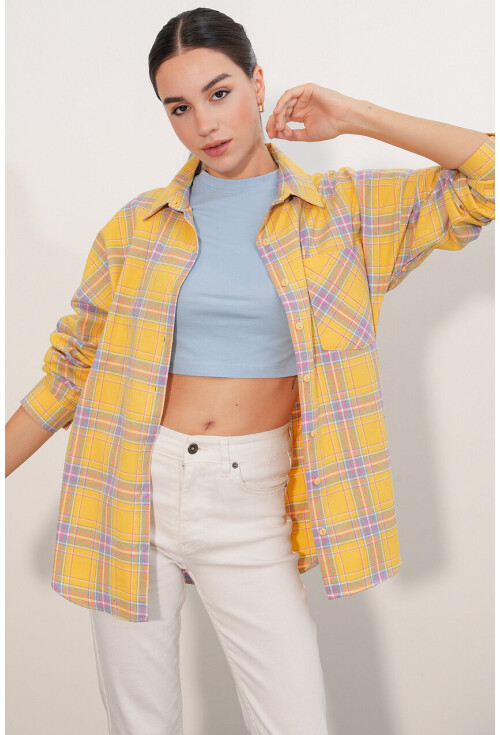 Kadın Ekose Desen Oversize Oduncu Gömlek 3854