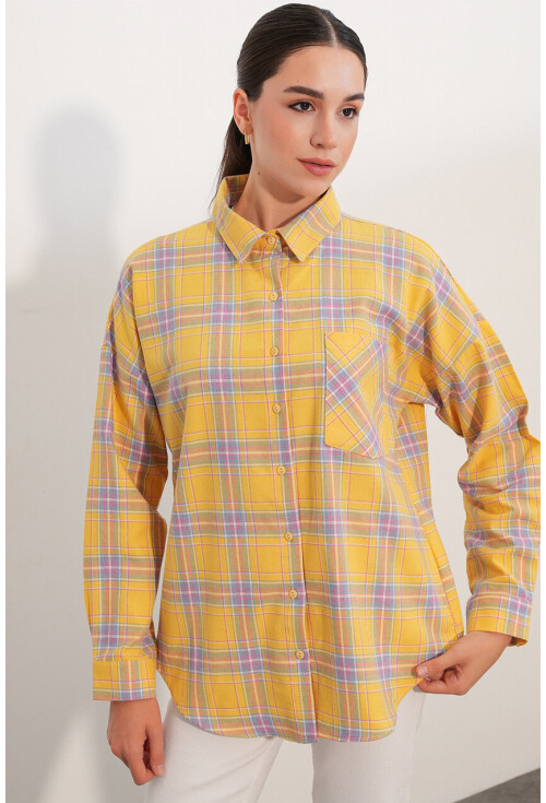 Kadın Ekose Desen Oversize Oduncu Gömlek 3854