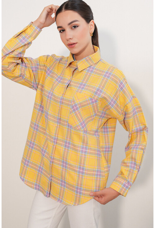 Kadın Ekose Desen Oversize Oduncu Gömlek 3854