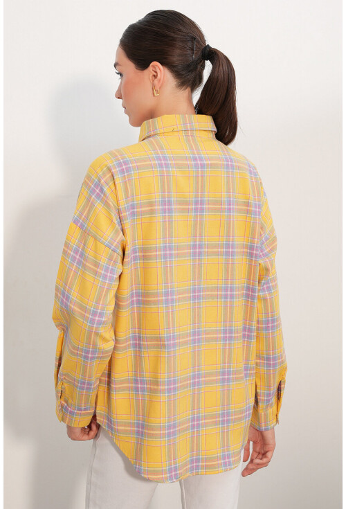 Kadın Ekose Desen Oversize Oduncu Gömlek 3854