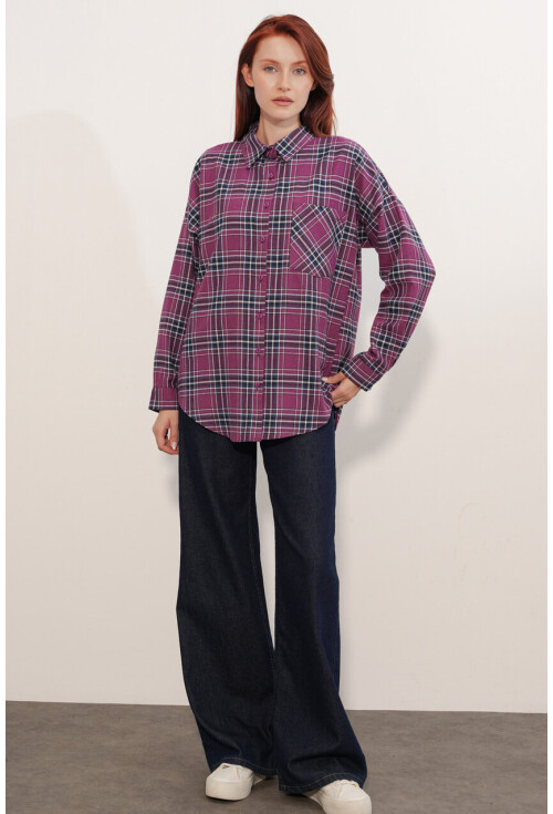 Kadın Ekose Desen Oversize Oduncu Gömlek 3854