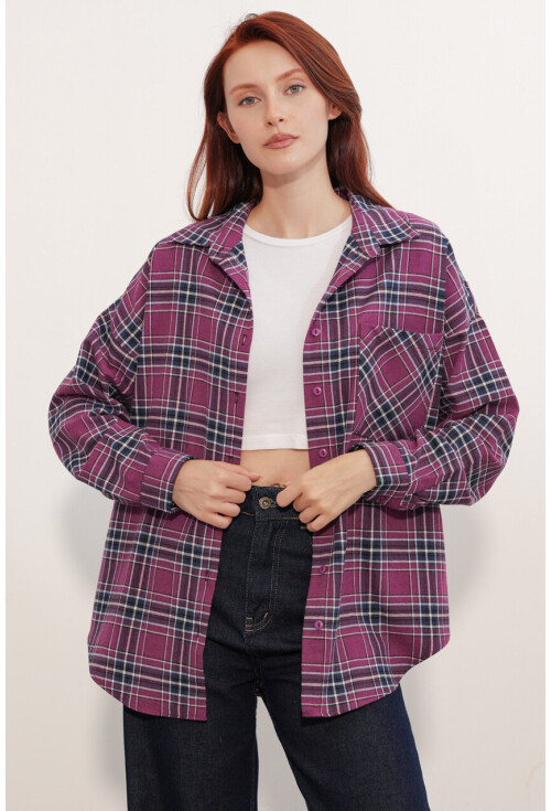Kadın Ekose Desen Oversize Oduncu Gömlek 3854