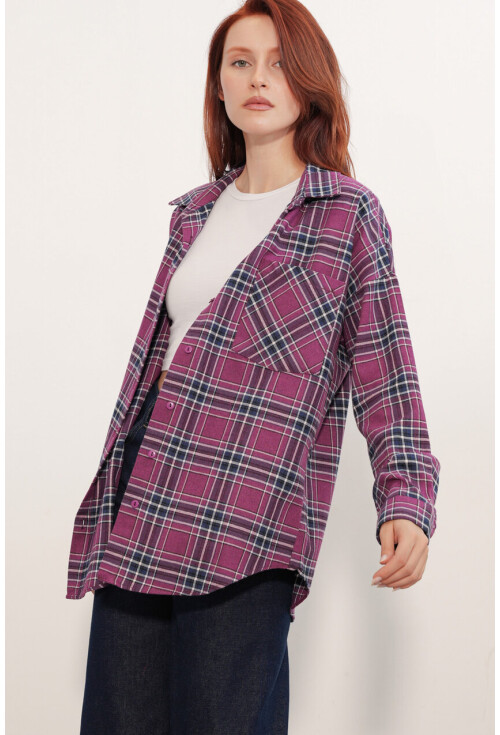 Kadın Ekose Desen Oversize Oduncu Gömlek 3854