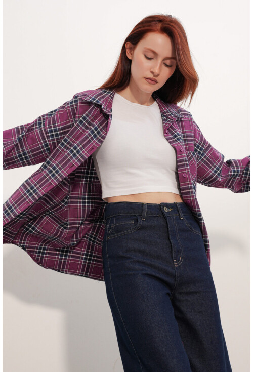 Kadın Ekose Desen Oversize Oduncu Gömlek 3854