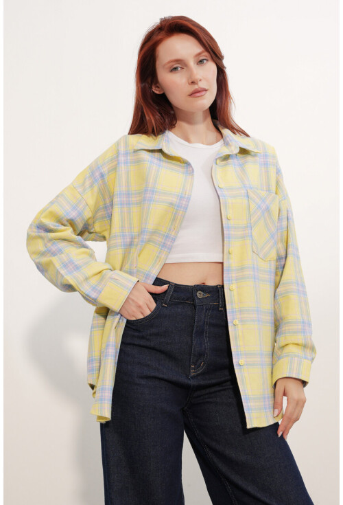 Kadın Ekose Desen Oversize Oduncu Gömlek 3854