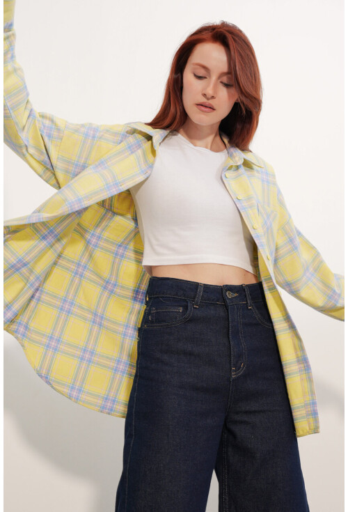 Kadın Ekose Desen Oversize Oduncu Gömlek 3854