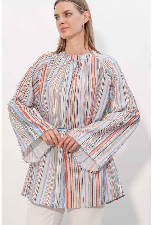 Kadın Çizgili Bağcıklı Oversize Tunik 50009