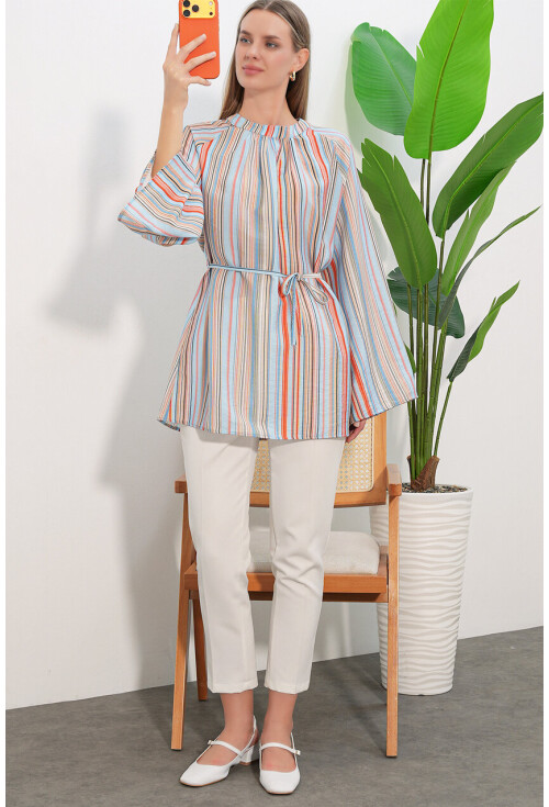 Kadın Çizgili Bağcıklı Oversize Tunik 50009
