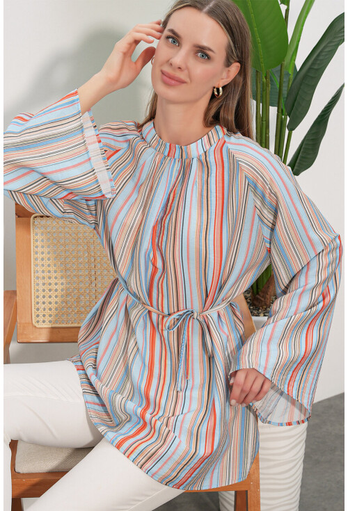 Kadın Çizgili Bağcıklı Oversize Tunik 50009