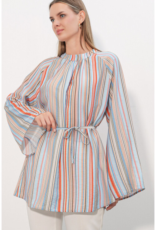 Kadın Çizgili Bağcıklı Oversize Tunik 50009