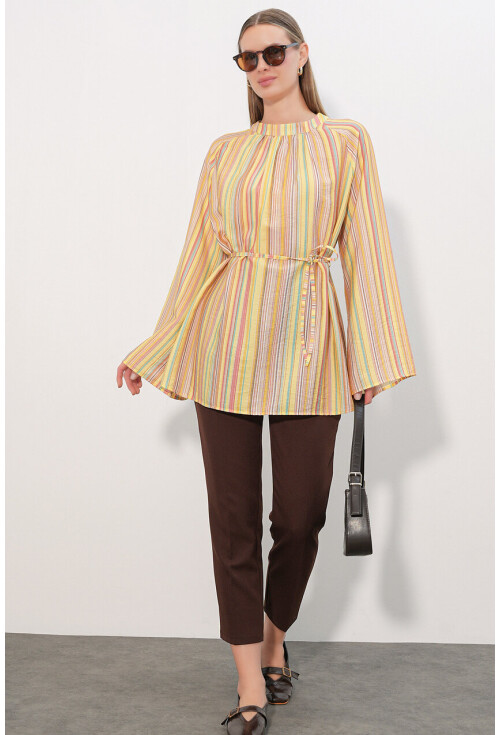 Kadın Çizgili Bağcıklı Oversize Tunik 50009