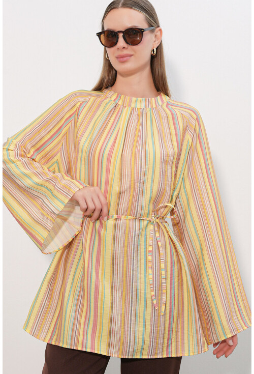 Kadın Çizgili Bağcıklı Oversize Tunik 50009