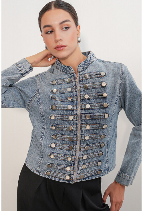Kadın Dar Kesim Düğmeli Denim Ceket 0764