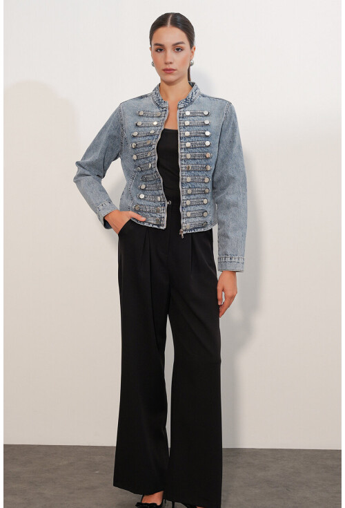 Kadın Dar Kesim Düğmeli Denim Ceket 0764