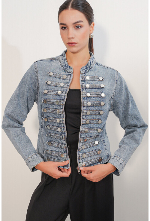 Kadın Dar Kesim Düğmeli Denim Ceket 0764