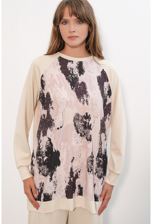 Kadın Desenli Oversize Tunik Pantolon İkili Takım 55462