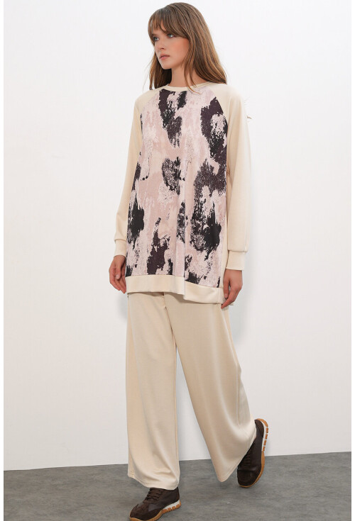 Kadın Desenli Oversize Tunik Pantolon İkili Takım 55462