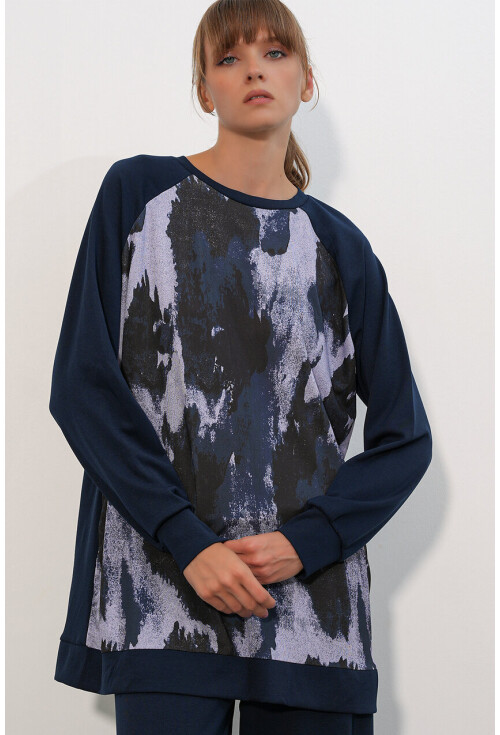 Kadın Desenli Oversize Tunik Pantolon İkili Takım 55462