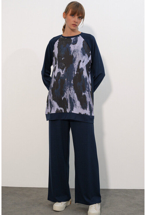 Kadın Desenli Oversize Tunik Pantolon İkili Takım 55462