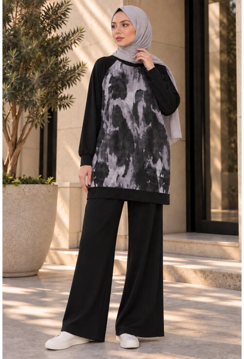 Kadın Desenli Oversize Tunik Pantolon İkili Takım 55462