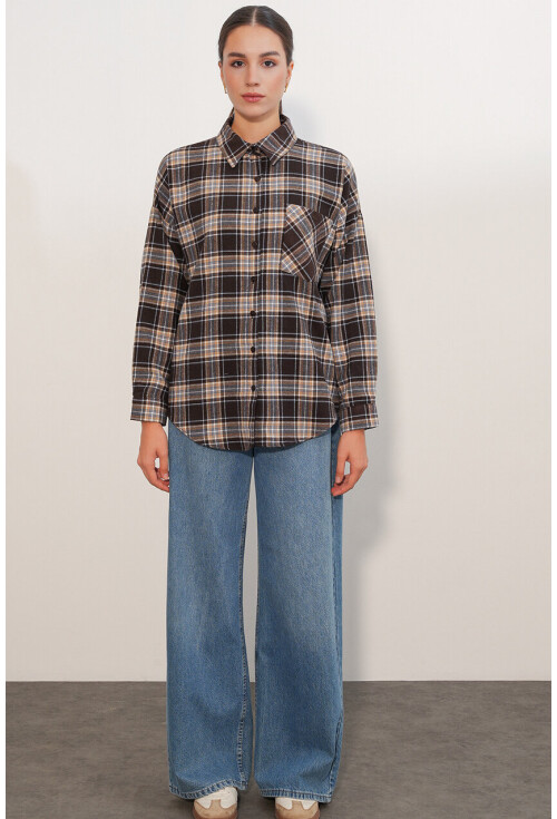Kadın Ekose Desen Oversize Oduncu Gömlek 3854