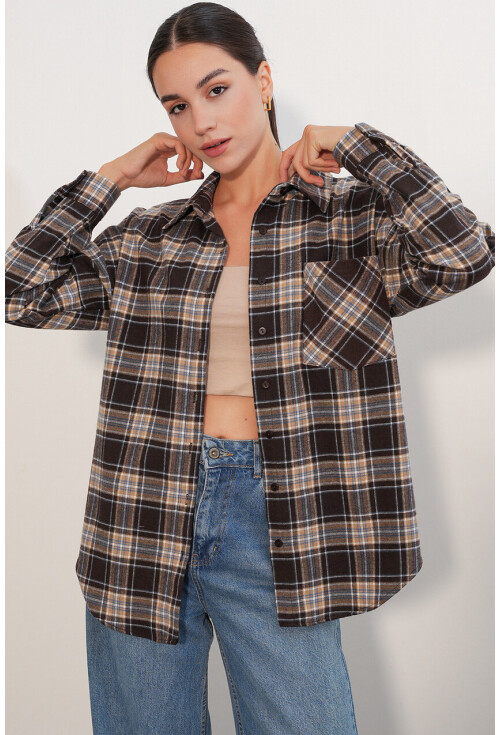 Kadın Ekose Desen Oversize Oduncu Gömlek 3854