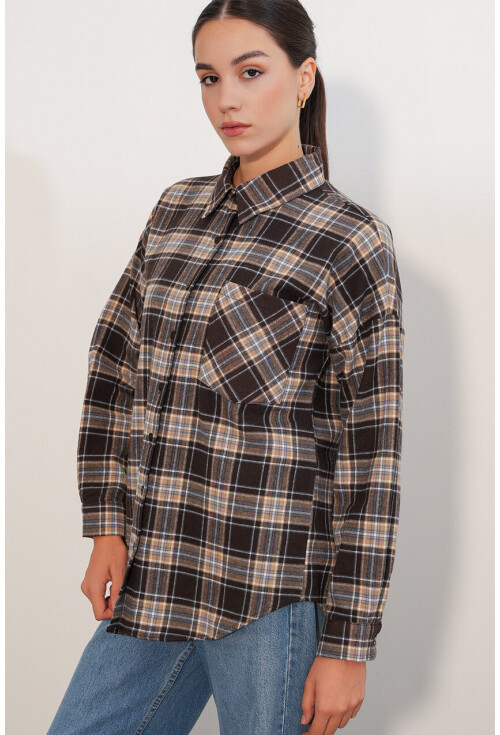 Kadın Ekose Desen Oversize Oduncu Gömlek 3854