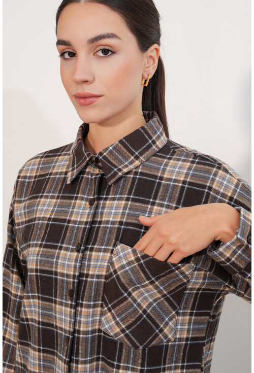 Kadın Ekose Desen Oversize Oduncu Gömlek 3854